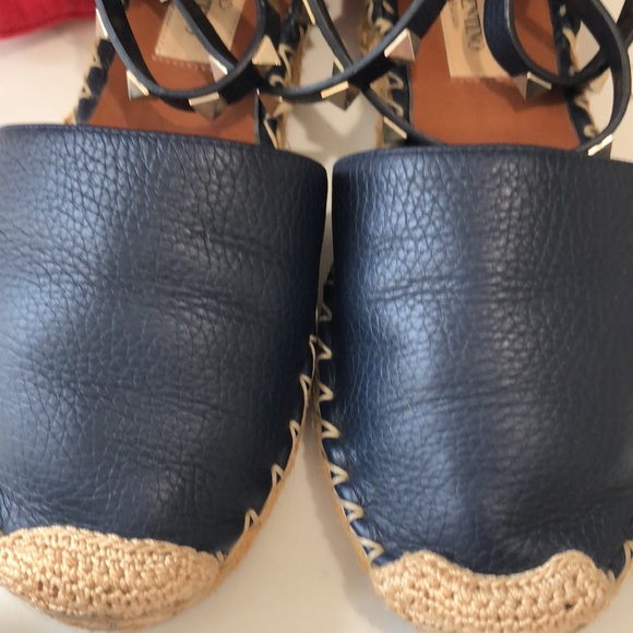 VALENTINO  GARAVANI Navy Blue Leather Rockstud Ankle Strap Espadrilles SZ 35 - Picture 11 of 16